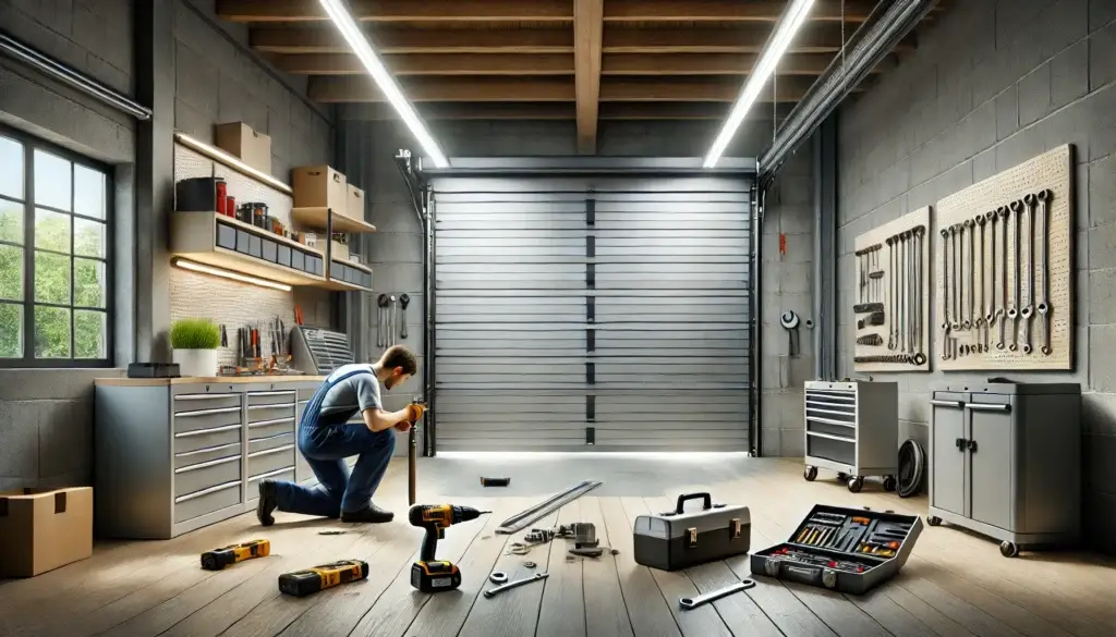 Technician repairing a garage door with high-quality tools in San Antonio, addressing issues like broken springs and malfunctioning openers.